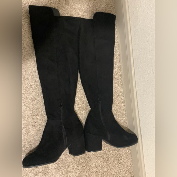 Black Suede Over The Knee Chunky Heel Boots 8.5 - Picture 5 of 9